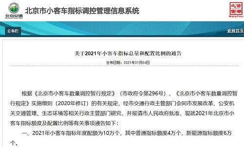 2021年北京新能源小客车指标额度6万个